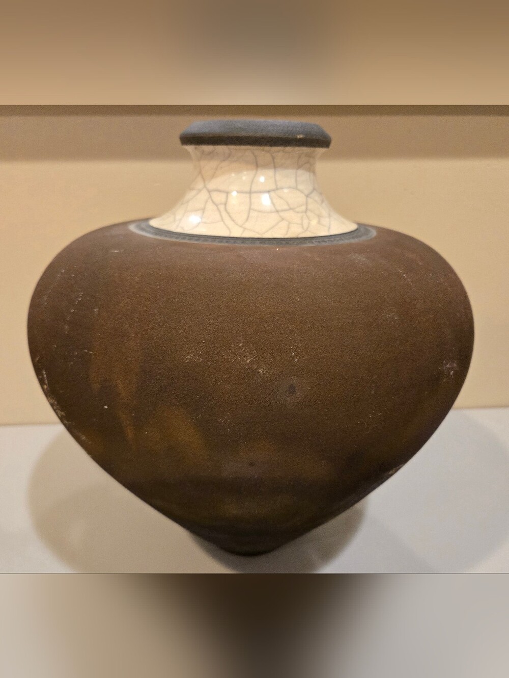 Vintage Signed Don Nibert Round Rustic Brown Ceramic Vase with Crackle Neck